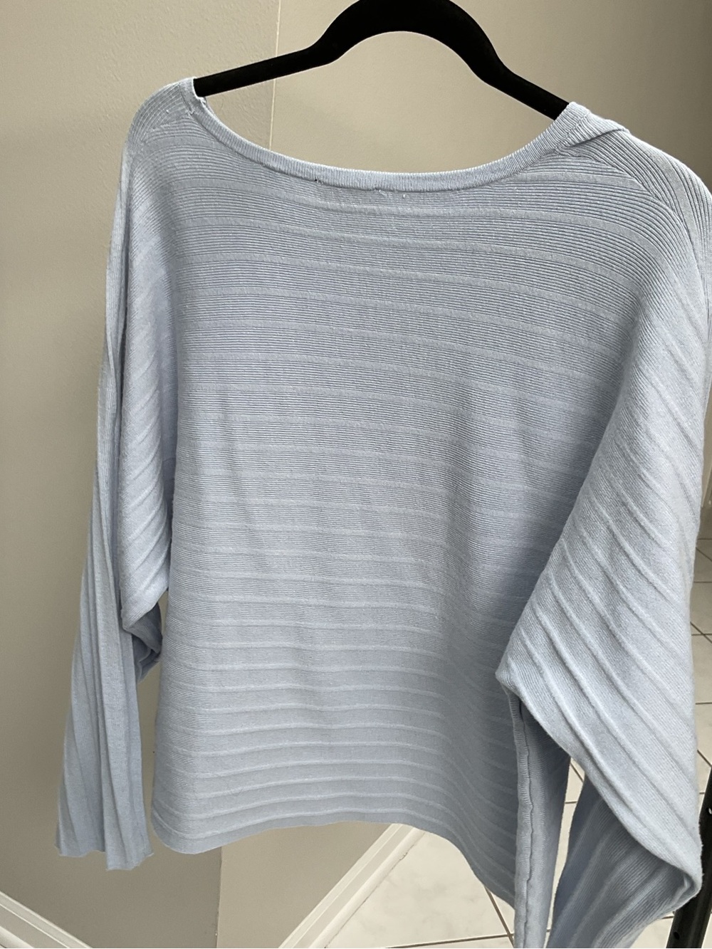 Tahari Pale Blue Off-Shoulder Ribbed Knit Sweater